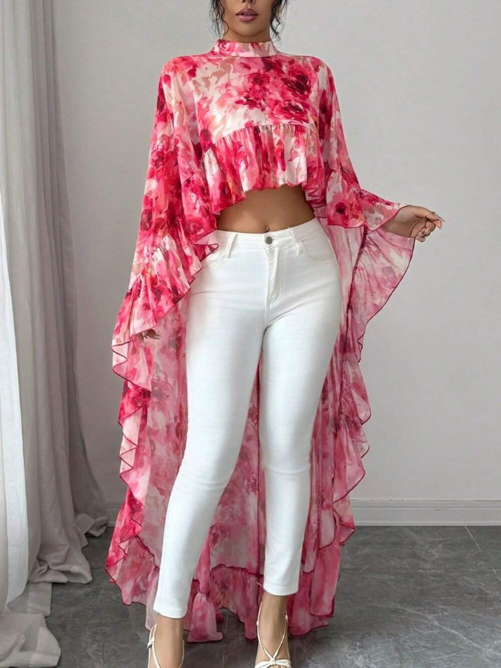 Pink Women's darin Collar Chiffon Floral Ruffle Trim hi-low Elegant Blouse - Picture 4 of 6